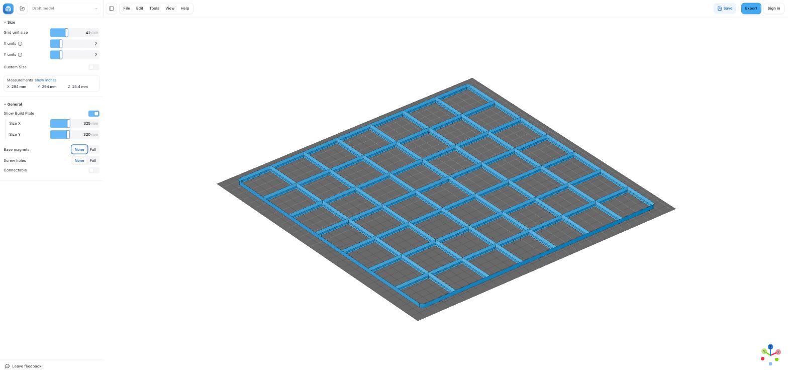 The generator showing a 7 by 7 baseplate sitting on a 325 by 320mm build plate, with the measurements reading 294mm square.