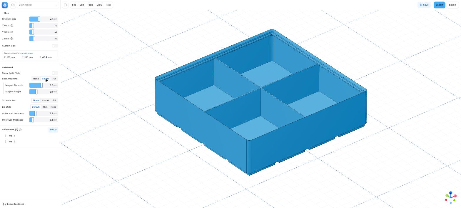 The generator showing a 4 by 4 bin, 6 units tall, divided into four compartments by two internal walls, with base magnets set to Corner.