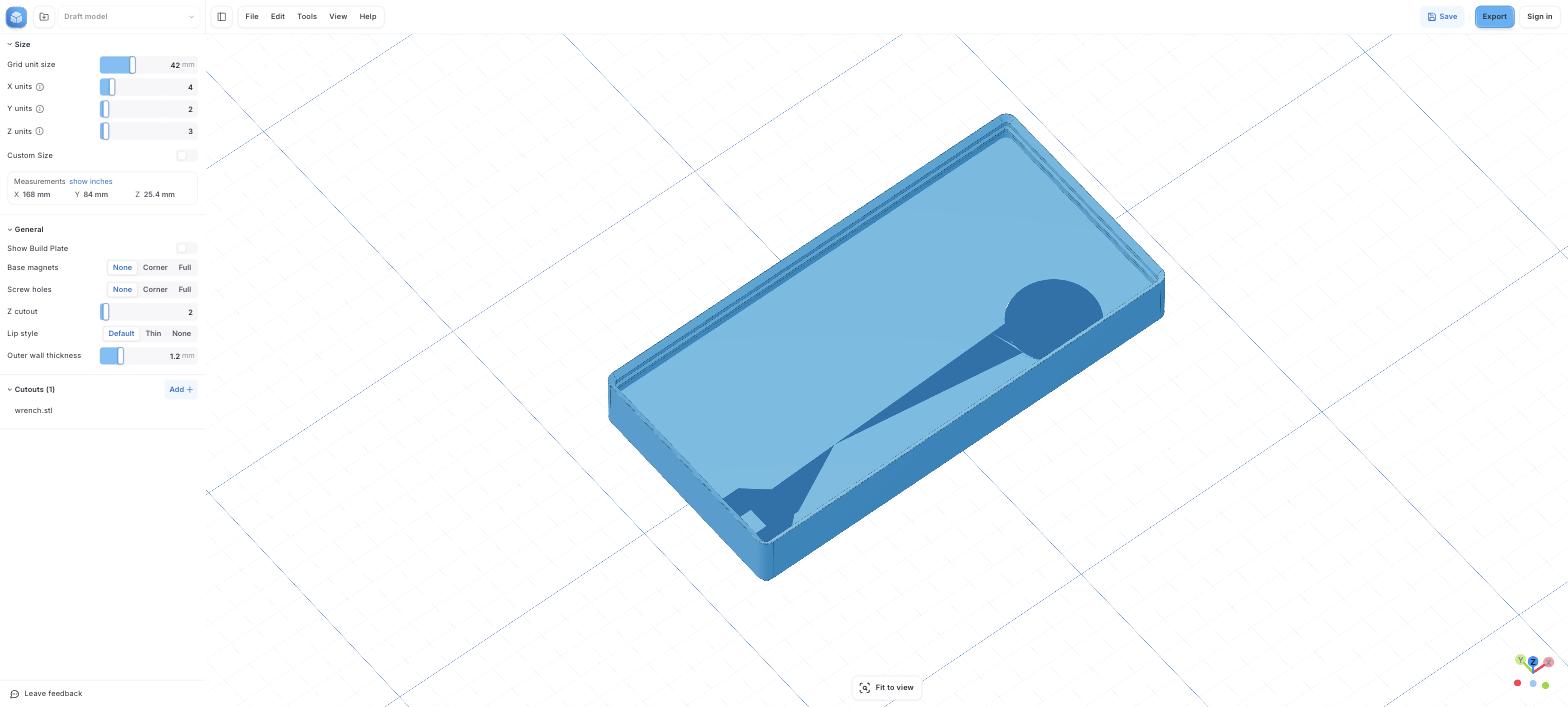 Cutout mode in the generator, with a wrench STL carved as a recess into a 4 by 2 bin.